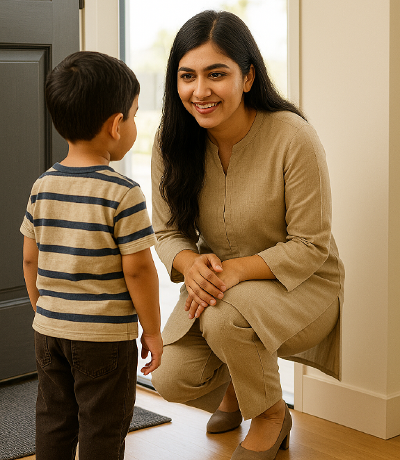 Babysitter greeting a child at the door, both smiling